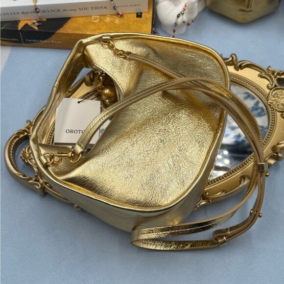 🆕 OROTON 🧿 NWT Clara Mini Convertible Crossbody Bag, Crinkle Gold Leather - Picture 12 of 15